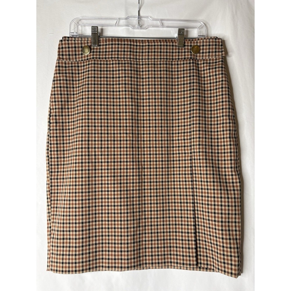 Ann Taylor Factory Brown Plaid Straight Pencil Faux Wrap Skirt 8‎ Classic Career